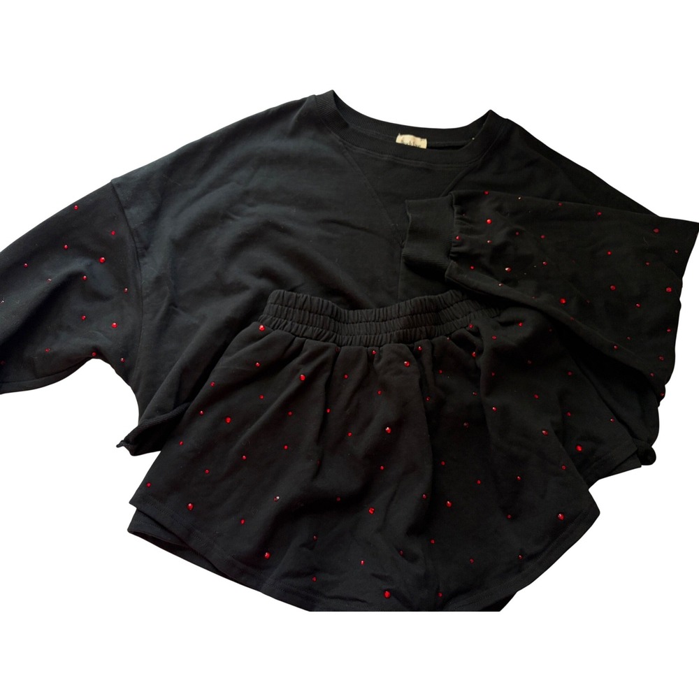 Peach Love California Black Red Rhinestone Crop Sweatshirt‎ & Shorts Set Small